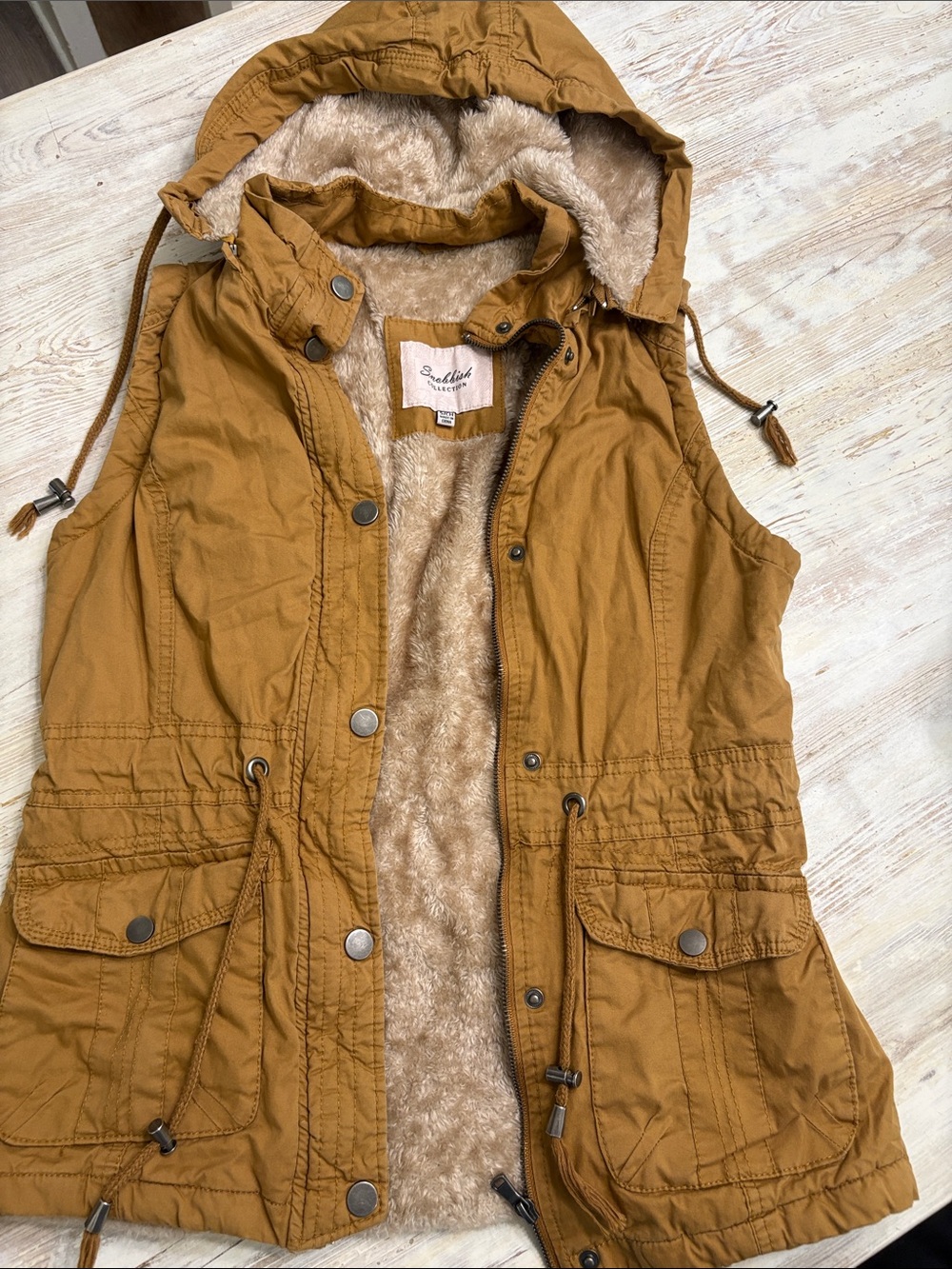 Women's Hooded Faux-Fur Lined Utility Vest - Mustard Brown
